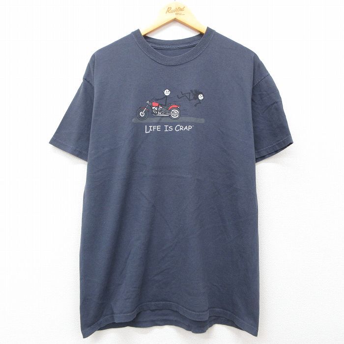 L/古着 半袖 Tシャツ メンズ バイク 棒人間 コットン クルーネック 紺 ネイビー 25jul26 中古拍卖