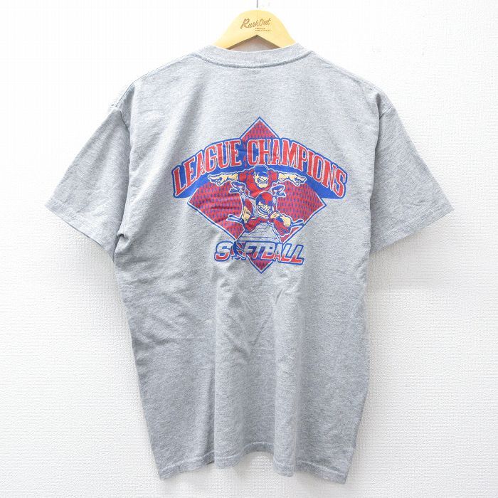 L/古着 半袖 ビンテージ Tシャツ メンズ 00s ソフトボール クルーネック グレー 霜降り 25jul30 中古拍卖
