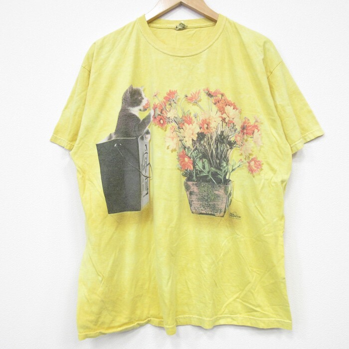 XL/古着 ジャージーズ 半袖 Tシャツ メンズ THE MOUNTAIN ネコ コットン クルーネック 黄他 イエロー タイダイ 25jul25 中古拍卖