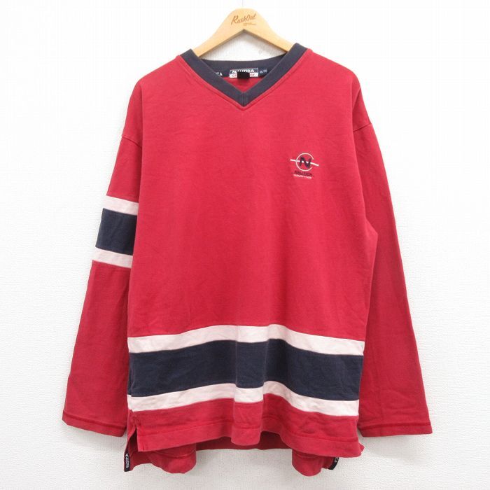 XL/古着 ノーティカ 長袖 ブランド Tシャツ メンズ 00s ワンポイントロゴ コンペティション 大きいサイズ コットン Vネック 赤 レッド 25ju拍卖