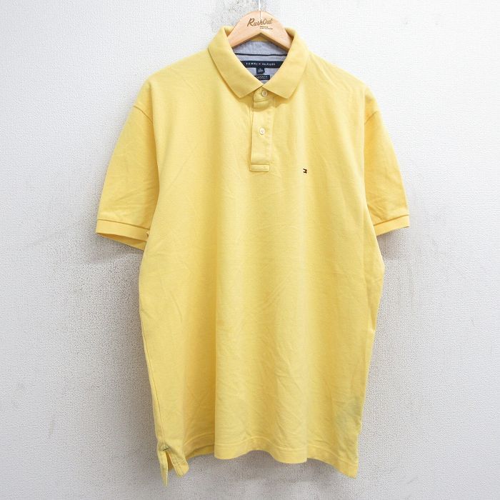 XL/古着 トミーヒルフィガー 半袖 ブランド ポロ シャツ メンズ ワンポイントロゴ 鹿の子 大きいサイズ コットン 黄色 イエロー 25aug05 中拍卖