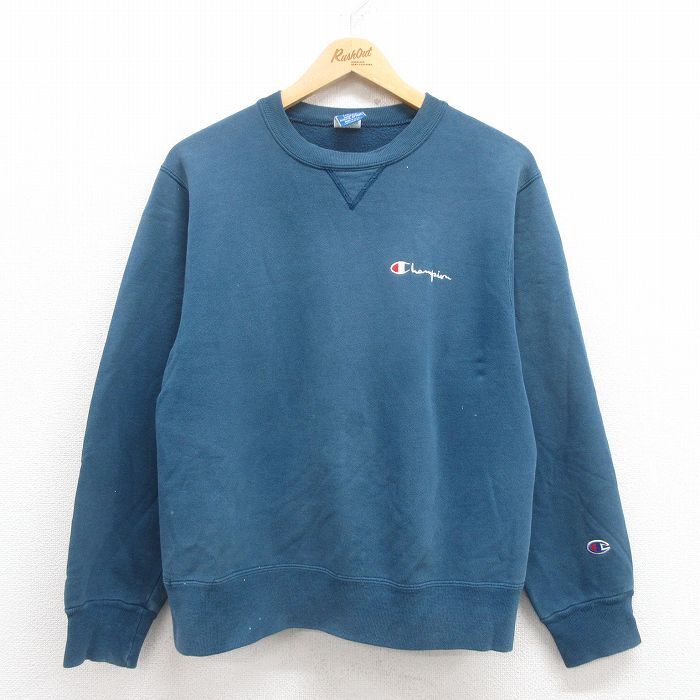 M/古着 チャンピオン Champion 長袖 スウェット メンズ 90s ワンポイントロゴ クルーネック 濃青緑 25aug01 中古 スエット トレーナー トッ拍卖