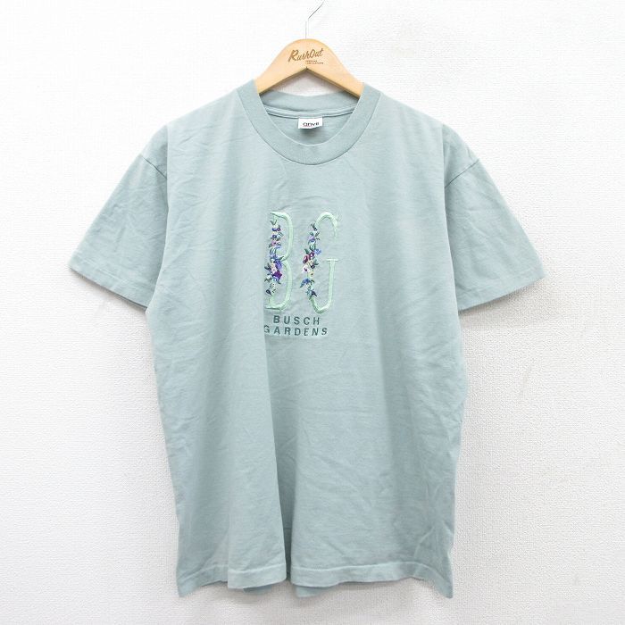 L/古着 半袖 ビンテージ Tシャツ メンズ 90s BUSCH GARDENS 花 刺繍 コットン クルーネック 青緑系 25aug01 中古拍卖