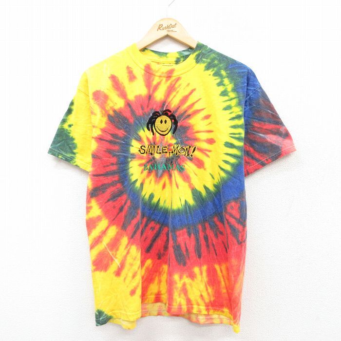 L/古着 ジャージーズ 半袖 ビンテージ Tシャツ メンズ 00s スマイル バハマ 刺繍 コットン クルーネック 黄他 イエロー タイダイ 25aug04拍卖
