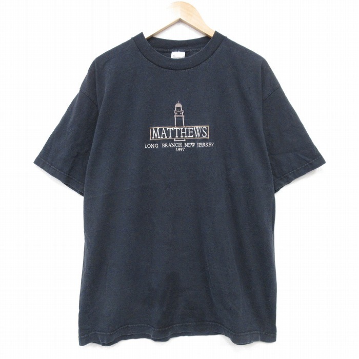 XL/古着 半袖 ビンテージ Tシャツ メンズ 90s 灯台 刺繍 コットン クルーネック 黒 ブラック 25aug07 中古拍卖