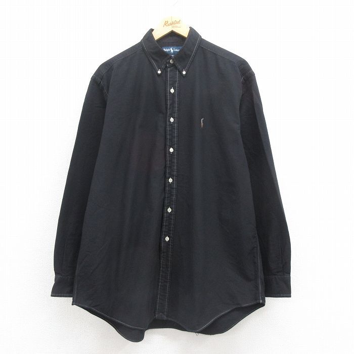 XL/古着 ラルフローレン 長袖 ブランド シャツ メンズ 90s ワンポイントロゴ YARMOUTH オックスフォード コットン ボタンダウン 黒 ブラッ拍卖