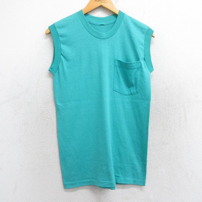 S/古着 ノースリーブ ビンテージ Tシャツ メンズ 80s 無地 胸ポケット付き クルーネック 青緑 25aug13 中古拍卖