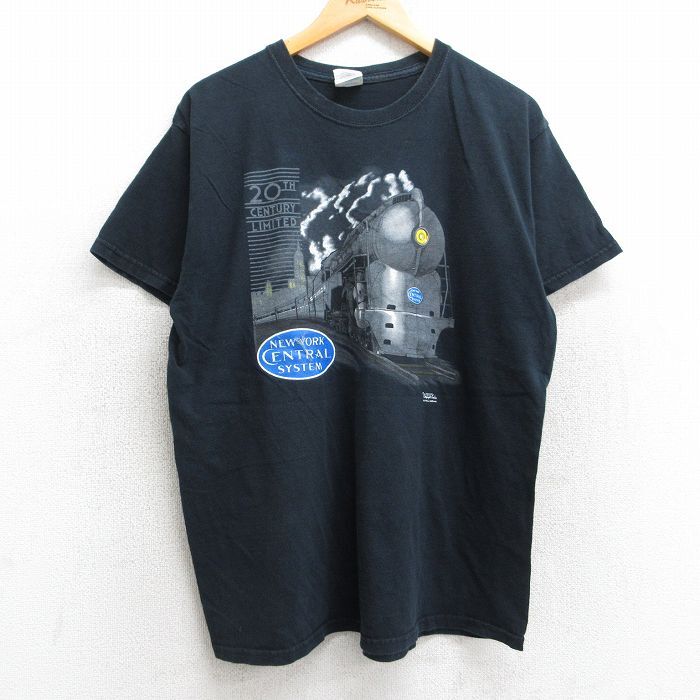L/古着 半袖 ビンテージ Tシャツ メンズ 00s 機関車 コットン クルーネック 黒 ブラック 25aug13 中古拍卖