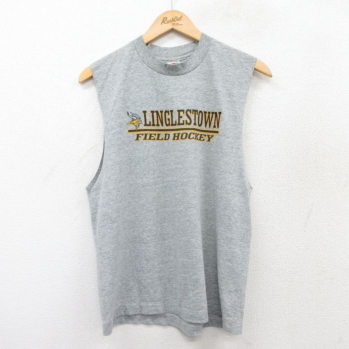 M/古着 フルーツオブザルーム ノースリーブ ビンテージ Tシャツ メンズ 90s リングルズタウン フィールドホッケー クルーネック グレー 霜拍卖