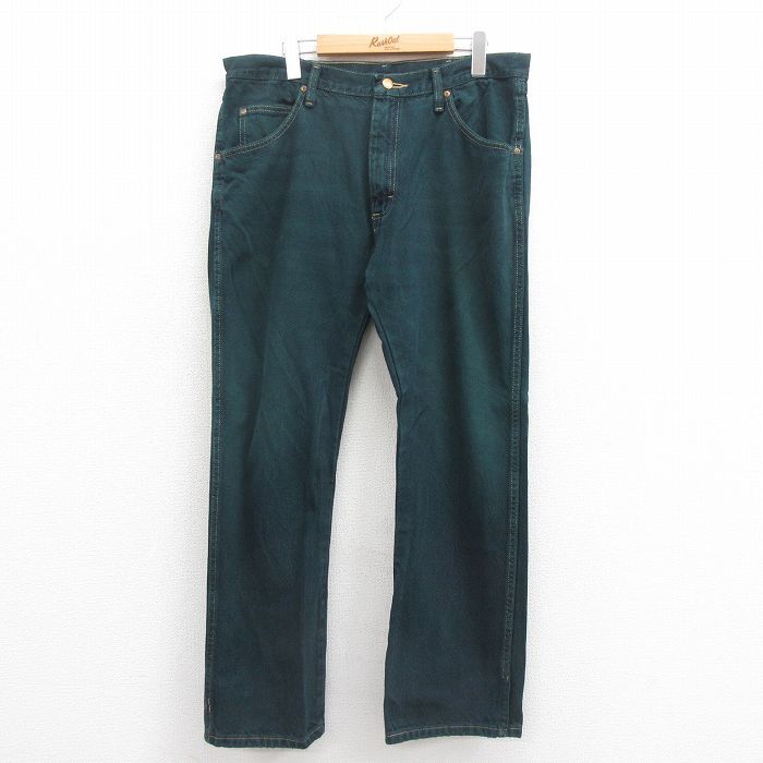 W35/古着 ラングラー ジーンズ メンズ コットン 緑 グリーン デニム 25aug19 中古 ボトムス ジーパン Gパン ロング パンツ拍卖