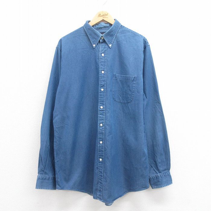 XL/古着 ランズエンド 長袖 ブランド シャツ メンズ 大きいサイズ ロング丈 コットン ボタンダウン 紺 ネイビー デニム 25aug18 中古 トッ拍卖
