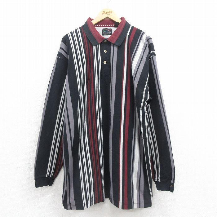 XL/古着 グレッグノーマン 長袖 ポロ シャツ メンズ ワンポイントロゴ 鹿の子 大きいサイズ ロング丈 コットン 黒 ブラック ストライプ 25a拍卖