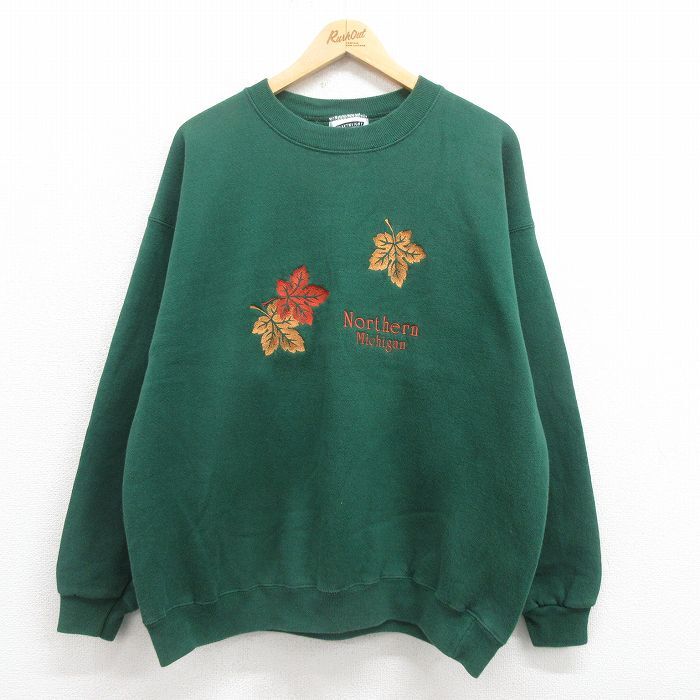 XL/古着 リー Lee 長袖 スウェット メンズ 90s ミシガン 刺繍 大きいサイズ クルーネック 緑 グリーン 25aug08 中古 スエット トレーナー拍卖