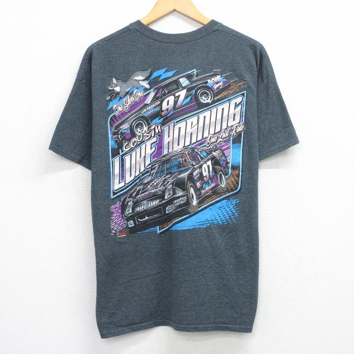 XL/古着 半袖 Tシャツ メンズ レーシングカー LUKE HORNING クルーネック 濃グレー 霜降り 25aug21 中古拍卖