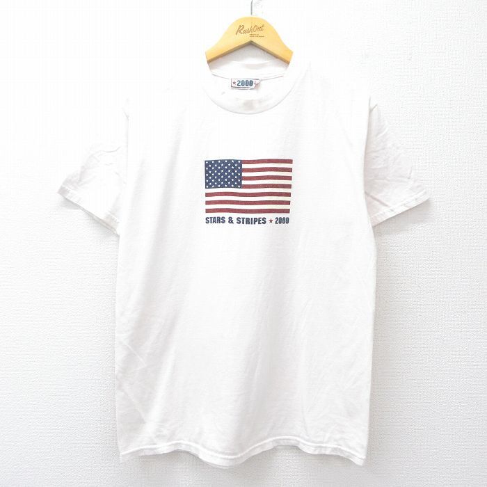 M/古着 半袖 ビンテージ Tシャツ メンズ 00s 星条旗 コットン クルーネック 白系 ホワイト 25aug20 中古拍卖
