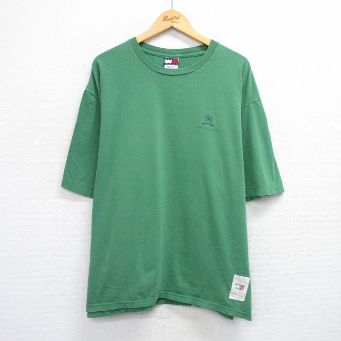 XL/古着 トミーヒルフィガー 半袖 ビンテージ ブランド Tシャツ メンズ 90s ワンポイントロゴ 大きいサイズ コットン クルーネック 緑 グリ拍卖