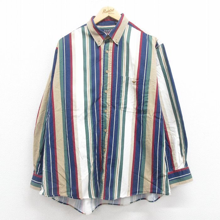 XL/古着 長袖 シャツ メンズ 00s 大きいサイズ コットン ボタンダウン 緑他 グリーン ストライプ 25aug08 中古 トップス拍卖
