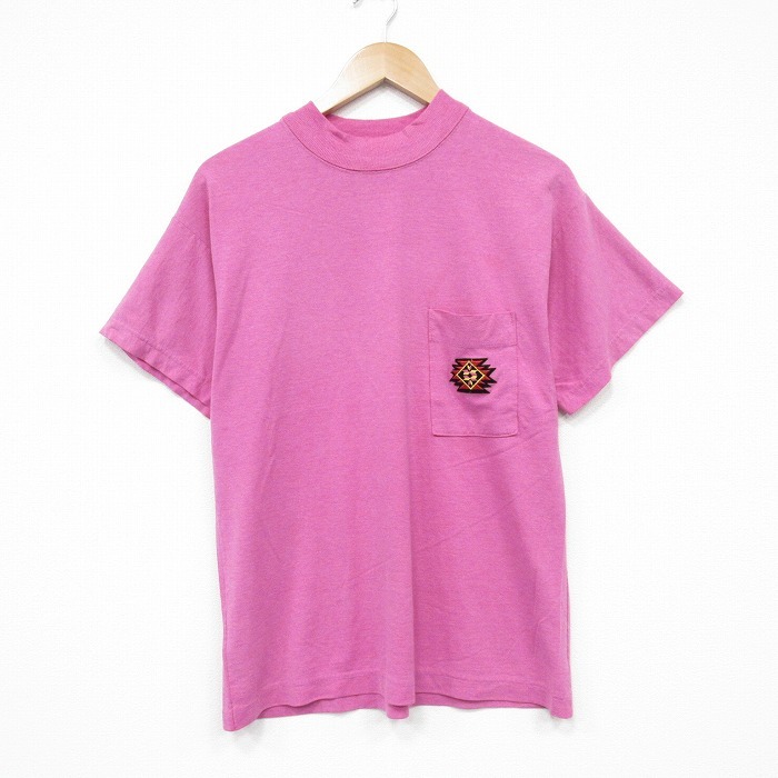 L/古着 半袖 ビンテージ Tシャツ メンズ 00s 胸ポケット付き クルーネック ピンク 25aug12 中古拍卖