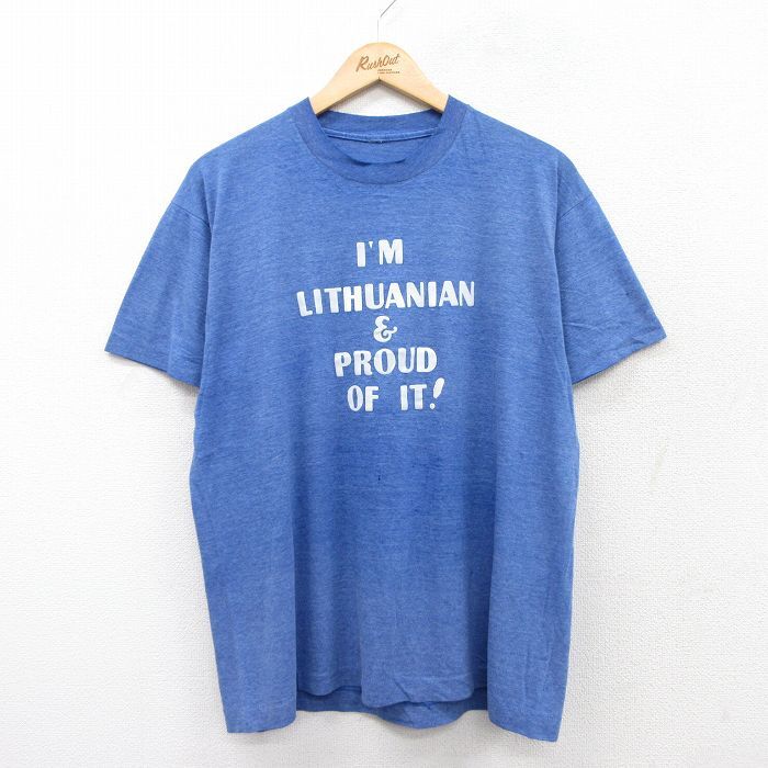 L/古着 半袖 ビンテージ Tシャツ メンズ 80s メッセージ クルーネック 青 ブルー 霜降り 25aug19 中古拍卖