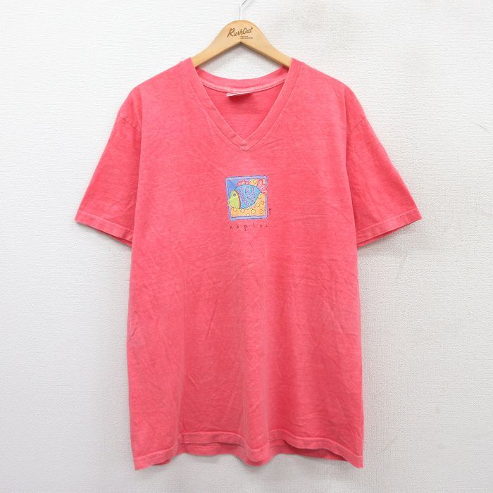 XL/古着 半袖 ビンテージ Tシャツ メンズ 90s naples 魚 コットン Vネック ピンク 霜降り 25aug21 中古拍卖