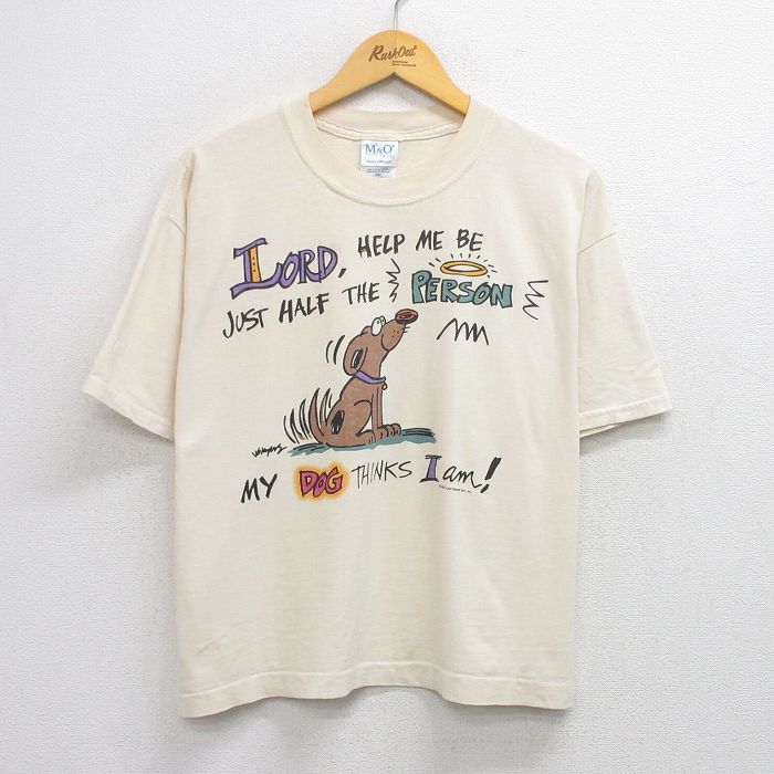 L/古着 半袖 ビンテージ Tシャツ メンズ 90s 犬 コットン クルーネック 薄ベージュ カーキ 25aug12 中古拍卖