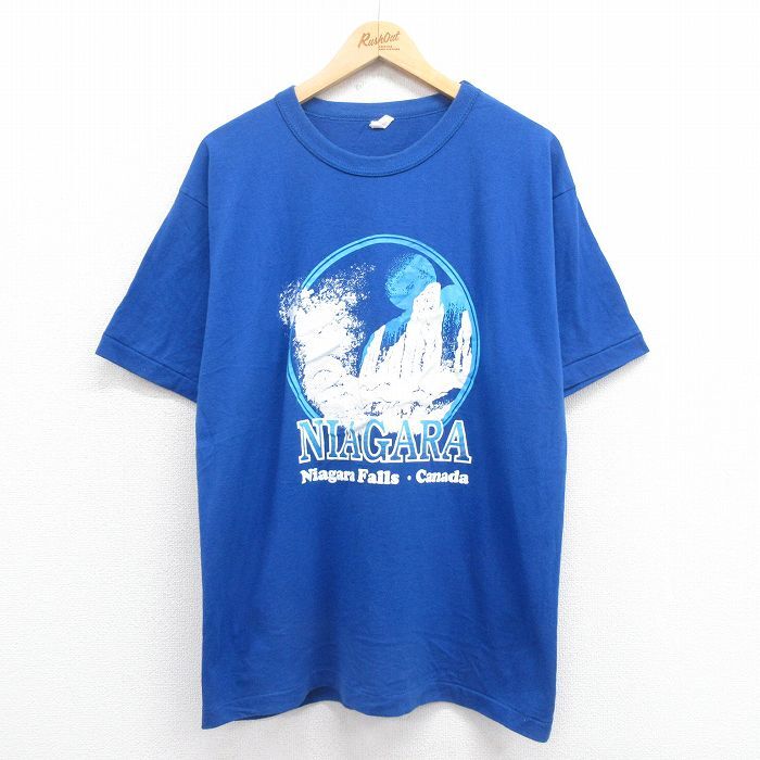 XL/古着 半袖 ビンテージ Tシャツ メンズ 80s ナイアガラの滝 クルーネック 青 ブルー spe 25aug27 中古拍卖