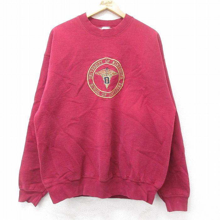 XL/古着 フルーツオブザルーム 長袖 スウェット 90s ミネソタ 刺繍 クルーネック エンジ 25aug27 中古 メンズ スエット トレーナー トップ拍卖