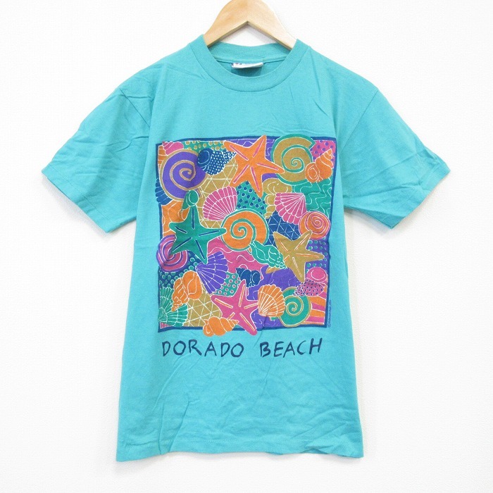 M/古着 半袖 ビンテージ Tシャツ メンズ 90s ビーチ コットン クルーネック 青緑 25aug26 中古拍卖