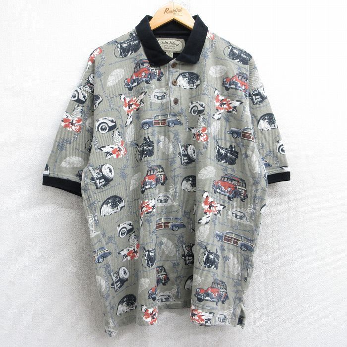 XL/古着 半袖 ポロ シャツ メンズ 車 ハイビスカス 総柄 大きいサイズ コットン 濃緑系 グリーン spe 25aug22 中古 トップス拍卖