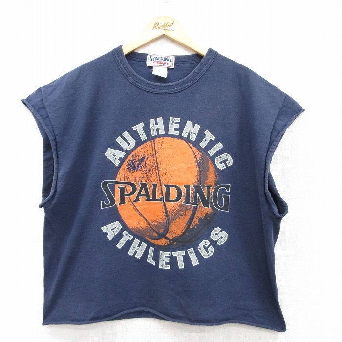 XL/古着 SPALDING ノースリーブ Tシャツ メンズ ビッグロゴ バスケットボール ショート丈 大きいサイズ コットン クルーネック 紺 ネイビー拍卖