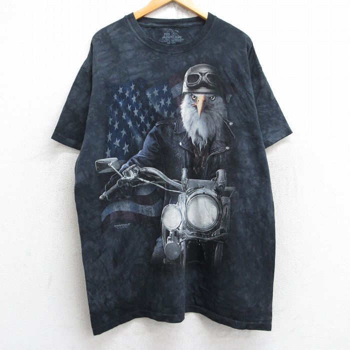 XL/古着 THE MOUNTAIN 半袖 Tシャツ メンズ 鳥 バイク 星条旗 大きいサイズ ロング丈 コットン クルーネック 黒他 ブラック タイダイ spe 2拍卖