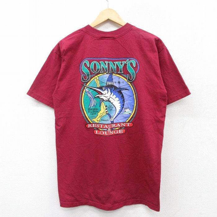 L/古着 ジャンセン 半袖 ビンテージ Tシャツ メンズ 00s カジキ 胸ポケット付き コットン クルーネック エンジ 25aug27 中古拍卖