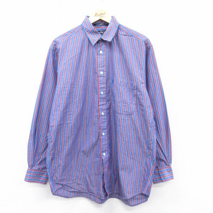 L/古着 ノーティカ 長袖 ブランド シャツ メンズ 90s ワンポイントロゴ ロング丈 コットン 紺他 ネイビー ストライプ 25aug22 中古 トップ拍卖