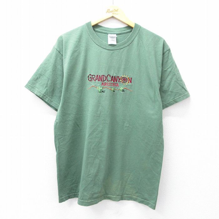L/古着 半袖 ビンテージ Tシャツ メンズ 00s グランドキャニオン アリゾナ 刺繍 コットン クルーネック 緑 グリーン 25aug27 中古拍卖