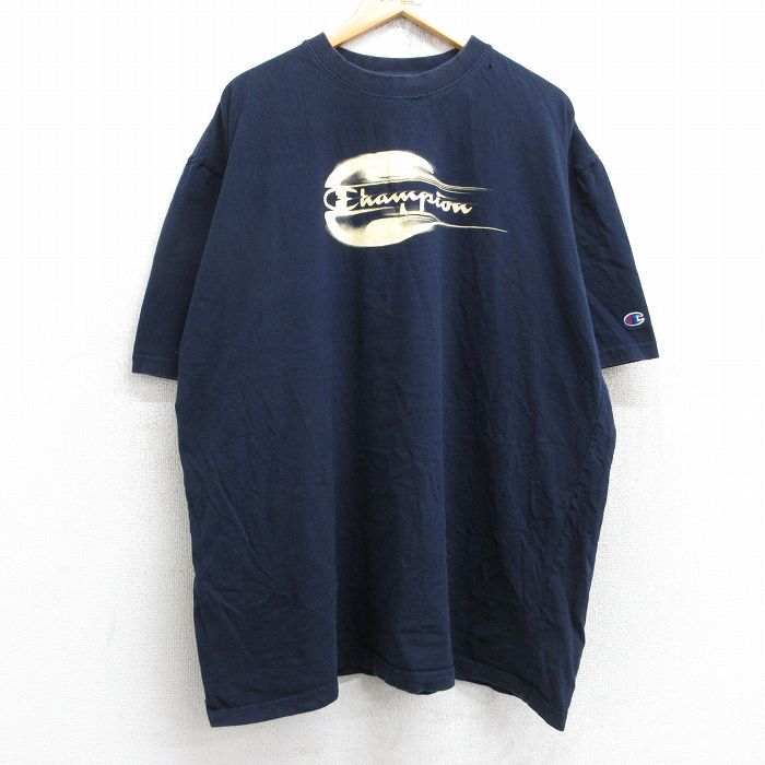XL/古着 チャンピオン champion 半袖 ブランド Tシャツ メンズ ビッグロゴ 大きいサイズ コットン クルーネック 紺 ネイビー 25aug25 中古拍卖