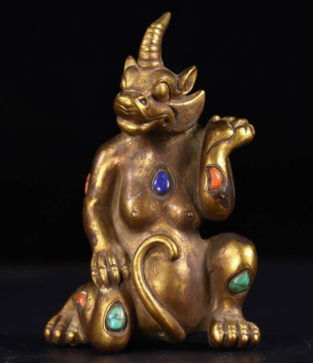 唐物 清 銅塗金 モザイク宝石熊 鎮尺 銅製 銅器 極細工 古美術品 時代物 中国古玩 骨董品 D68拍卖
