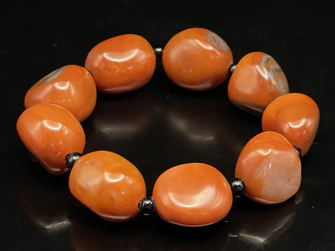 唐物 清 寿山石 田黄級 烏鴉皮 紅田黄石 手鏈 天然石 手彫 篆刻 極細工 中国古玩 骨董品 古美味 D68拍卖