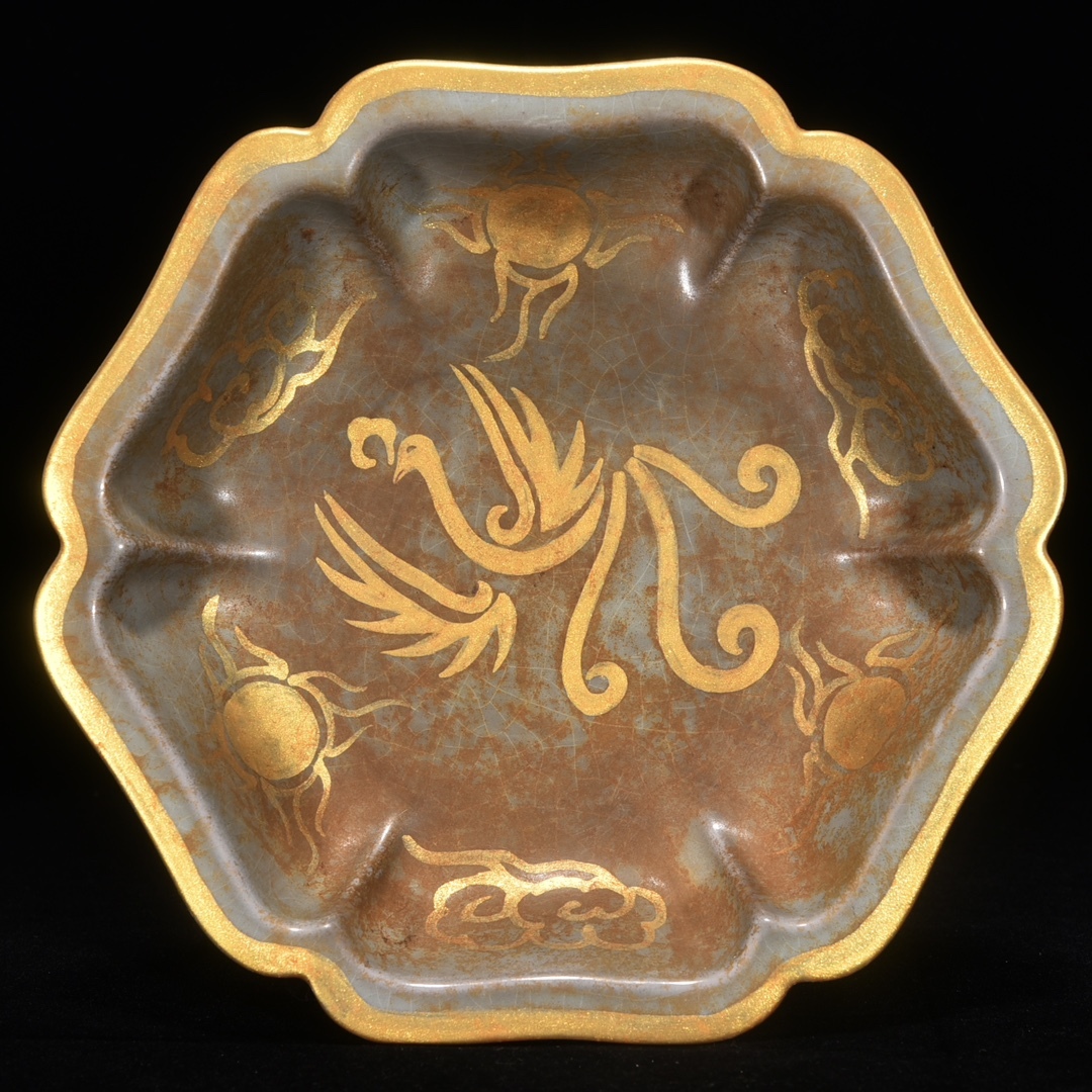 唐物 宋 汝窯 描金鳳紋 六角筆洗 陶芸 古陶磁器 中国磁器 極細工 中国古玩 骨董品 古美味 D68拍卖