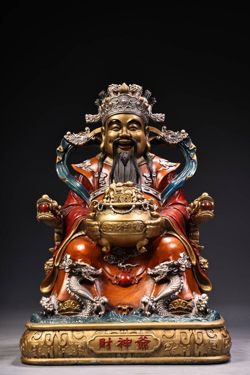 唐物 清 純銅 全銅 高浮彫 鏨刻工藝 彩繪描金泥金 財神爺 仏像 奉納されていた 供養品 銅製 古美術品 時代物 中国古玩 骨董品 D68拍卖