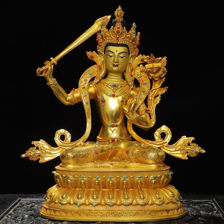 唐物 清 銅塗金描彩【文殊菩薩】 仏像 奉納されていた 供養品 銅製 銅器 極細工 古美術品 時代物 中国古玩 骨董品 D68拍卖