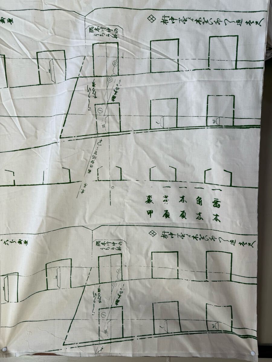 25☆江戸 時代 社寺建築、大工手書き図面の布 古布 アンティーク 木綿 生成りに緑 筆書ハギレリメイク古布幅93cm×長さ390cm拍卖