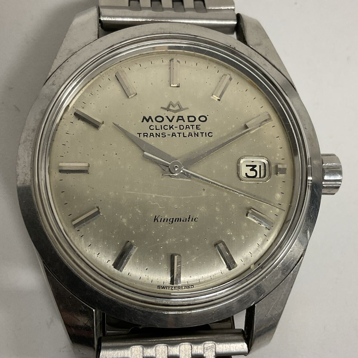 営IS134-60◆ MOVADO CLICK-DATE TRANS-ATLANTIC モバード キングマチック 自動巻き シルバー デイト メンズ 腕時計 【稼働品】拍卖