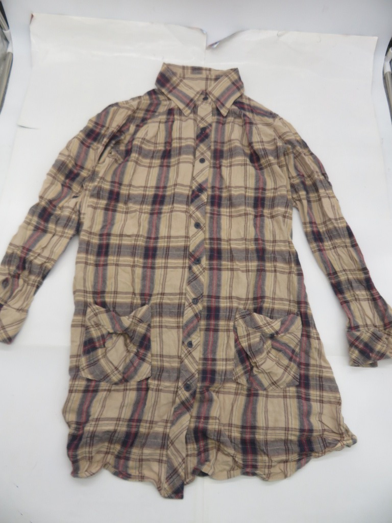 JM400★シャツ レディース ロング チェック柄 ポケット付き ブラウン 古着拍卖