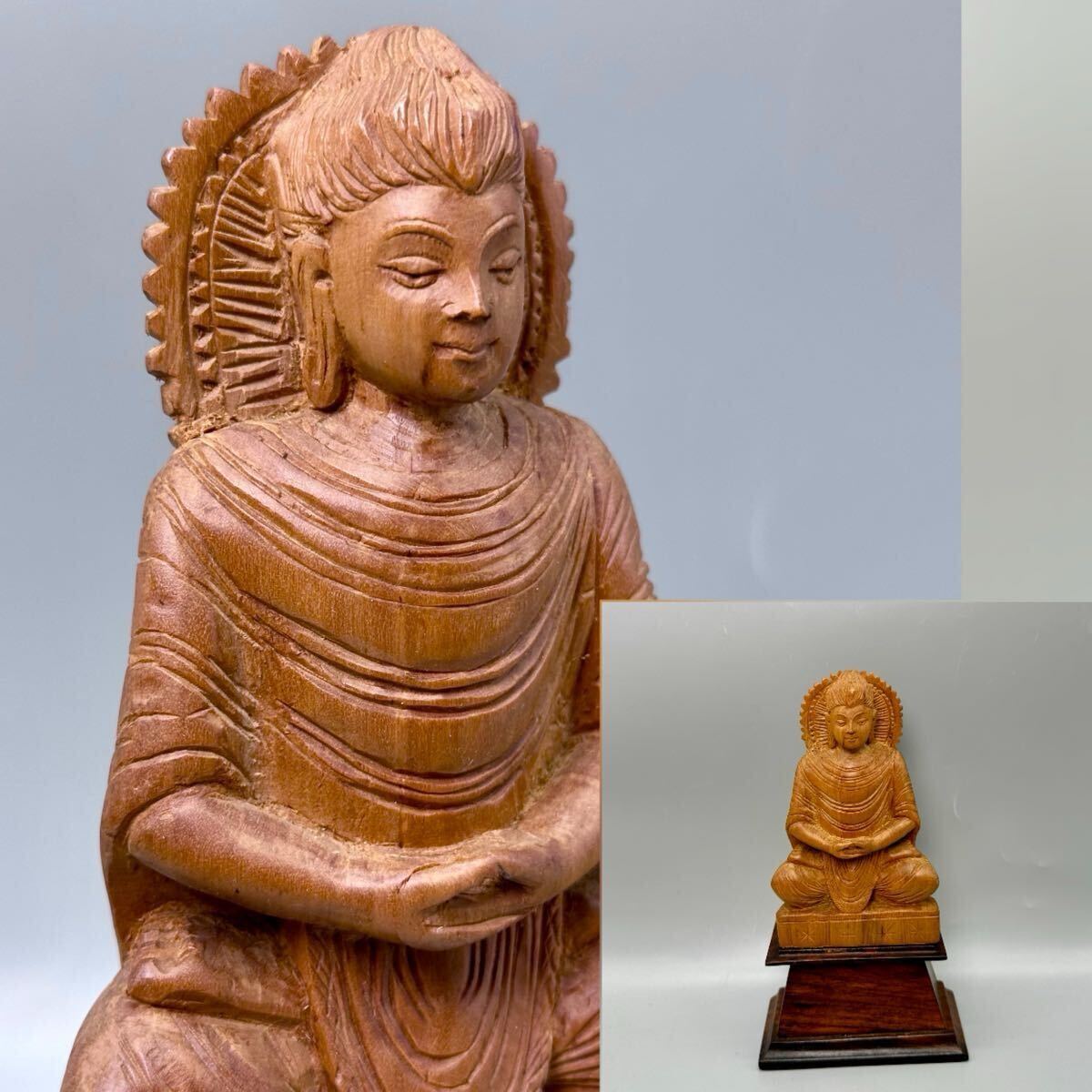白檀 木 木彫り 仏像彫刻置物 仏教美術 座像木彫高さ約18cm 木製仏像 原木色重さ約278.9g風水像仏壇仏像祈る 木彫仏像拍卖