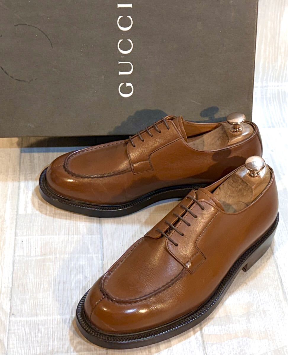 GUCCI グッチ◆25cm 40 E◆ダービーシューズ Uチップ 革靴 本革 ビジネスシューズ ドレスシューズ 茶 ブラウン Italy製 メンズ 紐靴 高級拍卖