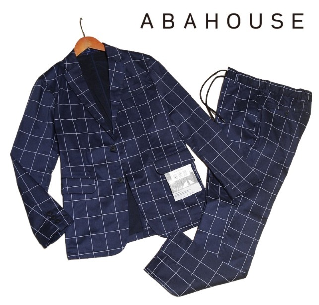 新品!! ABAHOUSE アバハウス クールドライ ストレッチ セットアップ ネイビー (L) ☆ 接触冷感 吸水速乾 メンズ サマースーツ チェック 紺拍卖