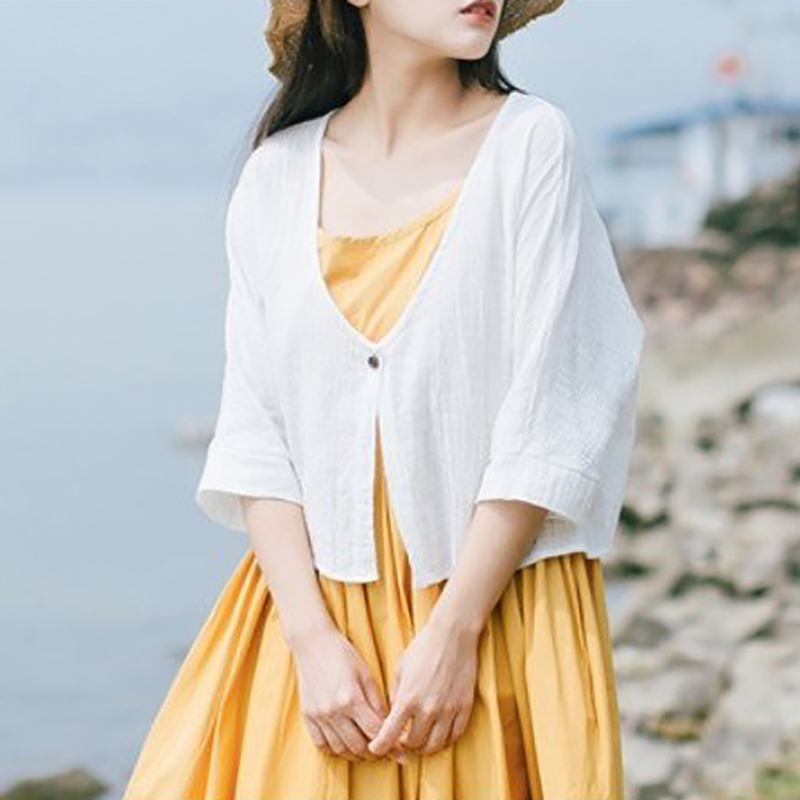 ボレロ 夏 カーディガン 前開き 綿 無地 シンプル Vネック 薄手 UVカット 7分袖 フリーサイズ 可愛い トップス ホワイト AA279拍卖