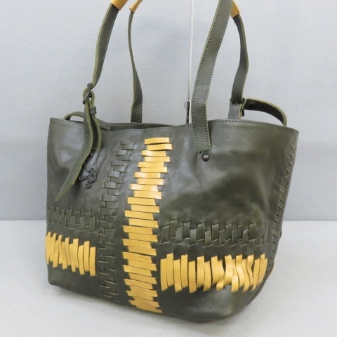 YSS5599★robita/ロビタ robita tier レザーハンドバッグ トート 編み込み チャーム カーキ/イエロー★A拍卖