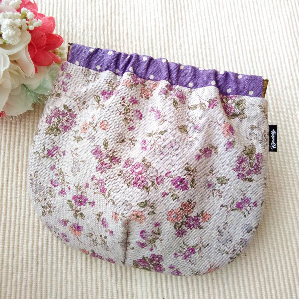 ハンドメイド バネポーチ 小花柄 パープル拍卖