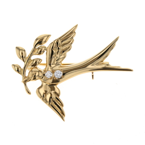MIKIMOTO ミキモト K18YG イエローゴールド ブローチ ダイヤモンド 0.03ct 2粒 鳥 アニマル つばめ【新品仕上済】【zz】【中古】拍卖